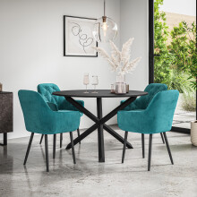 (Blue) Malvern Round Black Dining Table Set w Black Oak Legs w 4 Anika Velvet Chairs