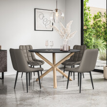 (Grey) Malvern Round Black Dining Table Set w Oak Legs w 4-6 Nova Faux Leather Chair