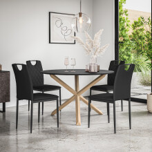 (Black) Malvern Round Black Dining Table Set w Oak Legs w 4-6 Monza Faux Leather Chair