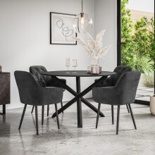 (Black) Malvern Round Black Dining Table Set w Black Oak Legs w 4 Anika Velvet Chairs