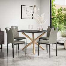 (Grey) Malvern Round Black Dining Table Set w Solid Oak Legs w 4-6 Monza Linen Chair