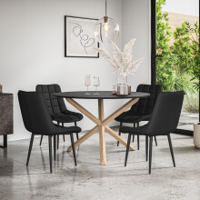 (Black) Malvern Round Black Dining Table Set w Oak Legs w 4-6 Nova Faux Leather Chair