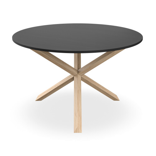 MORE4HOMES (Grey) Malvern Round Black Dining Table Set w Solid Oak Legs w 4-6 Monza Linen Chair 2