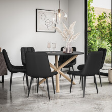 (Black) Malvern Round Black Dining Table Set w Oak Legs w 4-6 Nova Faux Leather Chair