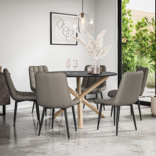 (Grey) Malvern Round Black Dining Table Set w Oak Legs w 4-6 Nova Faux Leather Chair