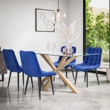 (Blue) Etta Glass Dining Table Set w Solid Oak Legs w 4-6 Nova Velvet Chair