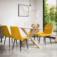 (Mustard) Etta Glass Dining Table Set w Solid Oak Legs w 4-6 Nova Velvet Chair