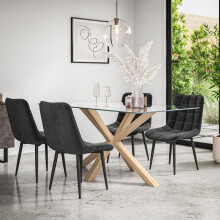 (Black) Etta Glass Dining Table Set w Solid Oak Legs w 4-6 Nova Velvet Chair