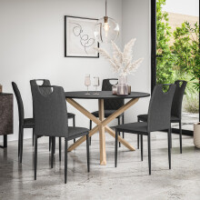 (Charcoal) Malvern Round Black Dining Table Set w Solid Oak Legs w 4-6 Monza Linen Chair
