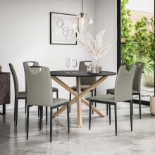 (Grey) Malvern Round Black Dining Table Set w Solid Oak Legs w 4-6 Monza Linen Chair