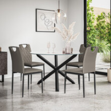 (Grey) Malvern Round Glass Dining Table Set w Black Oak Legs w 4-6 Monza Chair