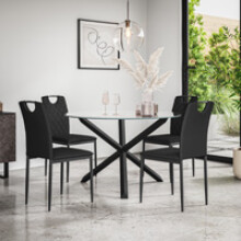 (Black) Malvern Round Glass Dining Table Set w Black Oak Legs w 4-6 Monza Chair