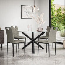 (Grey) Malvern Round Glass Dining Table Set w Black Oak Legs w 4-6 Monza Linen Chair