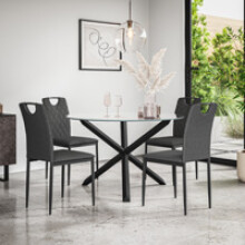 (Charcoal) Malvern Round Glass Dining Table Set w Black Oak Legs w 4-6 Monza Linen Chair