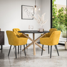 (Mustard) Malvern Round Black Dining Table Set w Oak Legs w 4 Anika Velvet Chairs