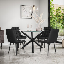(Black) Malvern Round Glass Dining Table Set w Black Oak Legs w 4-6 Nova Dining Chairs
