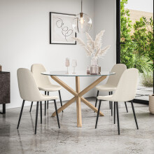 Malvern Round Glass Dining Table Set w Oak Legs w 4-6 Maya Boucle Chair