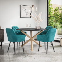 (Blue) Malvern Round Black Dining Table Set w Oak Legs w 4 Anika Velvet Chairs