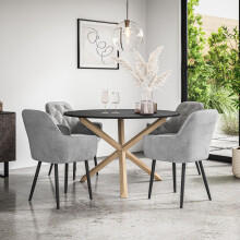 (Grey) Malvern Round Black Dining Table Set w Oak Legs w 4 Anika Velvet Chairs
