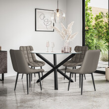 (Grey) Malvern Round Glass Dining Table Set w Black Oak Legs w 4-6 Nova Dining Chairs