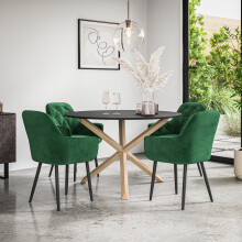 (Green) Malvern Round Black Dining Table Set w Oak Legs w 4 Anika Velvet Chairs
