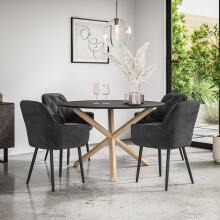 (Black) Malvern Round Black Dining Table Set w Oak Legs w 4 Anika Velvet Chairs