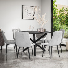 (Grey) Malvern Round Black Dining Table Set w Black Oak Legs w 4-6 Nova Velvet Chair