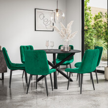 (Green) Malvern Round Black Dining Table Set w Black Oak Legs w 4-6 Nova Velvet Chair