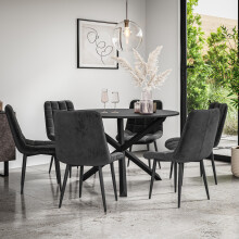 (Black) Malvern Round Black Dining Table Set w Black Oak Legs w 4-6 Nova Velvet Chair