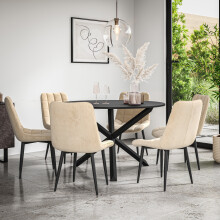 (Beige) Malvern Round Black Dining Table Set w Black Oak Legs w 4-6 Nova Velvet Chair