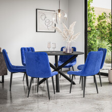 (Blue) Malvern Round Black Dining Table Set w Black Oak Legs w 4-6 Nova Velvet Chair