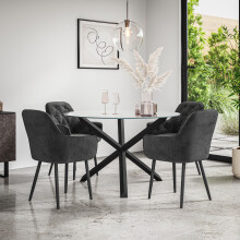 (Black) Malvern Round Glass Dining Table Set w Black Oak Legs w 4 Anika Velvet Chairs