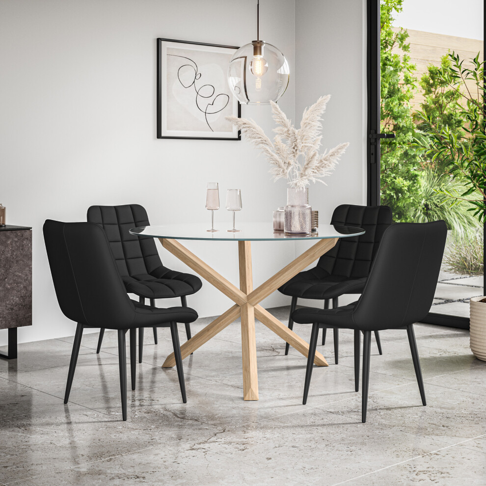 (Black) Malvern Round Glass Dining Table Set w Oak Legs w 4-6 Nova Faux Leather Chair