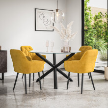 (Mustard) Malvern Round Glass Dining Table Set w Black Oak Legs w 4 Anika Velvet Chairs