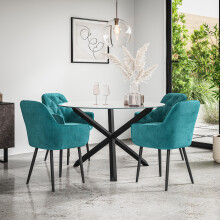(Blue) Malvern Round Glass Dining Table Set w Black Oak Legs w 4 Anika Velvet Chairs