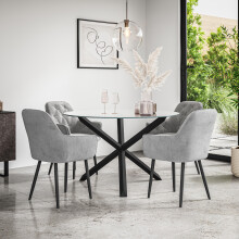 (Grey) Malvern Round Glass Dining Table Set w Black Oak Legs w 4 Anika Velvet Chairs