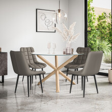 (Grey) Malvern Round Glass Dining Table Set w Oak Legs w 4-6 Nova Faux Leather Chair