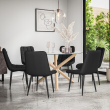 (Black) Malvern Round Glass Dining Table Set w Oak Legs w 4-6 Nova Faux Leather Chair