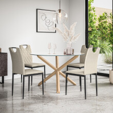 (Beige) Malvern Round Glass Dining Table Set w Solid Oak Legs w 4-6 Monza Linen Chair