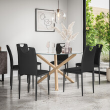 (Black) Malvern Round Glass Dining Table Set w Oak Legs w 4-6 Monza Faux Leather Chair