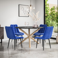 (Blue) Malvern Round Black Dining Table Set w Oak Legs w 4-6 Nova Velvet Chair