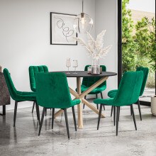 (Green) Malvern Round Black Dining Table Set w Oak Legs w 4-6 Nova Velvet Chair