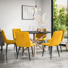 (Mustard) Malvern Round Black Dining Table Set w Oak Legs w 4-6 Nova Velvet Chair
