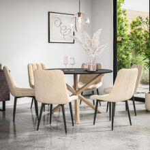 (Beige) Malvern Round Black Dining Table Set w Oak Legs w 4-6 Nova Velvet Chair