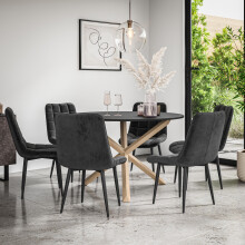 (Black) Malvern Round Black Dining Table Set w Oak Legs w 4-6 Nova Velvet Chair