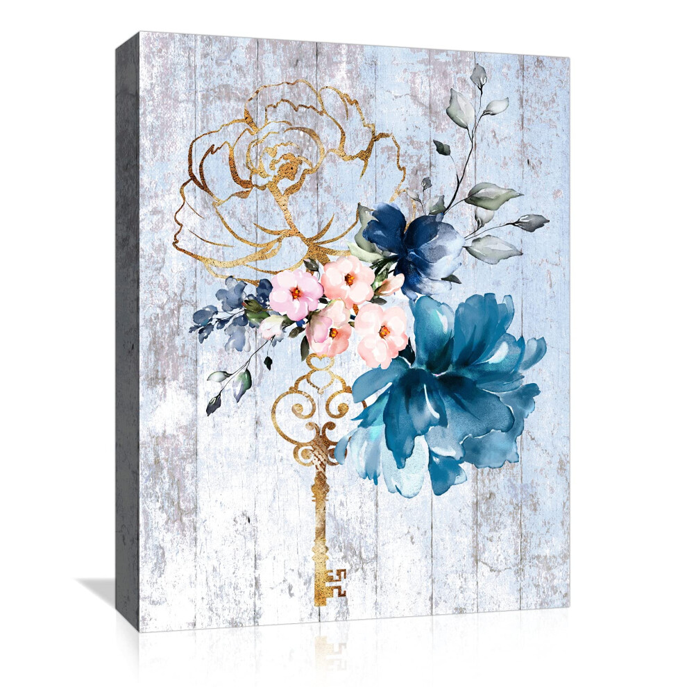 Décoration murale de salle de bain avec fleurs roses et bleues, toile rustique pour cuisine, bureau, chambre à coucher, ferme, peintures encadrée