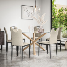 (Beige) Malvern Round Glass Dining Table Set w Solid Oak Legs w 4-6 Monza Linen Chair
