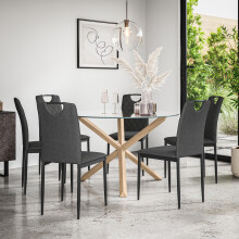(Charcoal) Malvern Round Glass Dining Table Set w Solid Oak Legs w 4-6 Monza Linen Chair