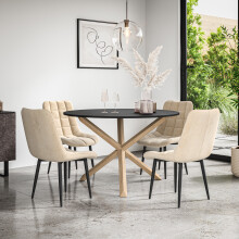 (Beige) Malvern Round Black Dining Table Set w Oak Legs w 4-6 Nova Velvet Chair