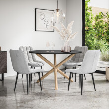 (Grey) Malvern Round Black Dining Table Set w Oak Legs w 4-6 Nova Velvet Chair